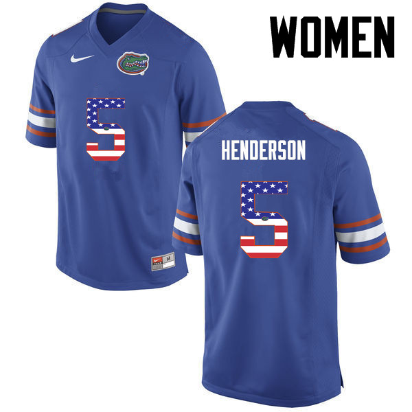 Women Florida Gators #5 CJ Henderson College Football USA Flag Fashion Jerseys-Blue - Click Image to Close